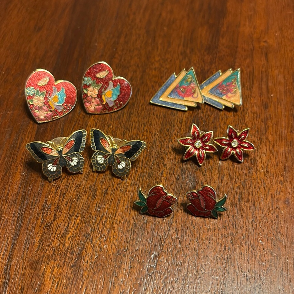 #11 Vintage Earring Lot of 5- Enamel Style Studs- Fun Shapes